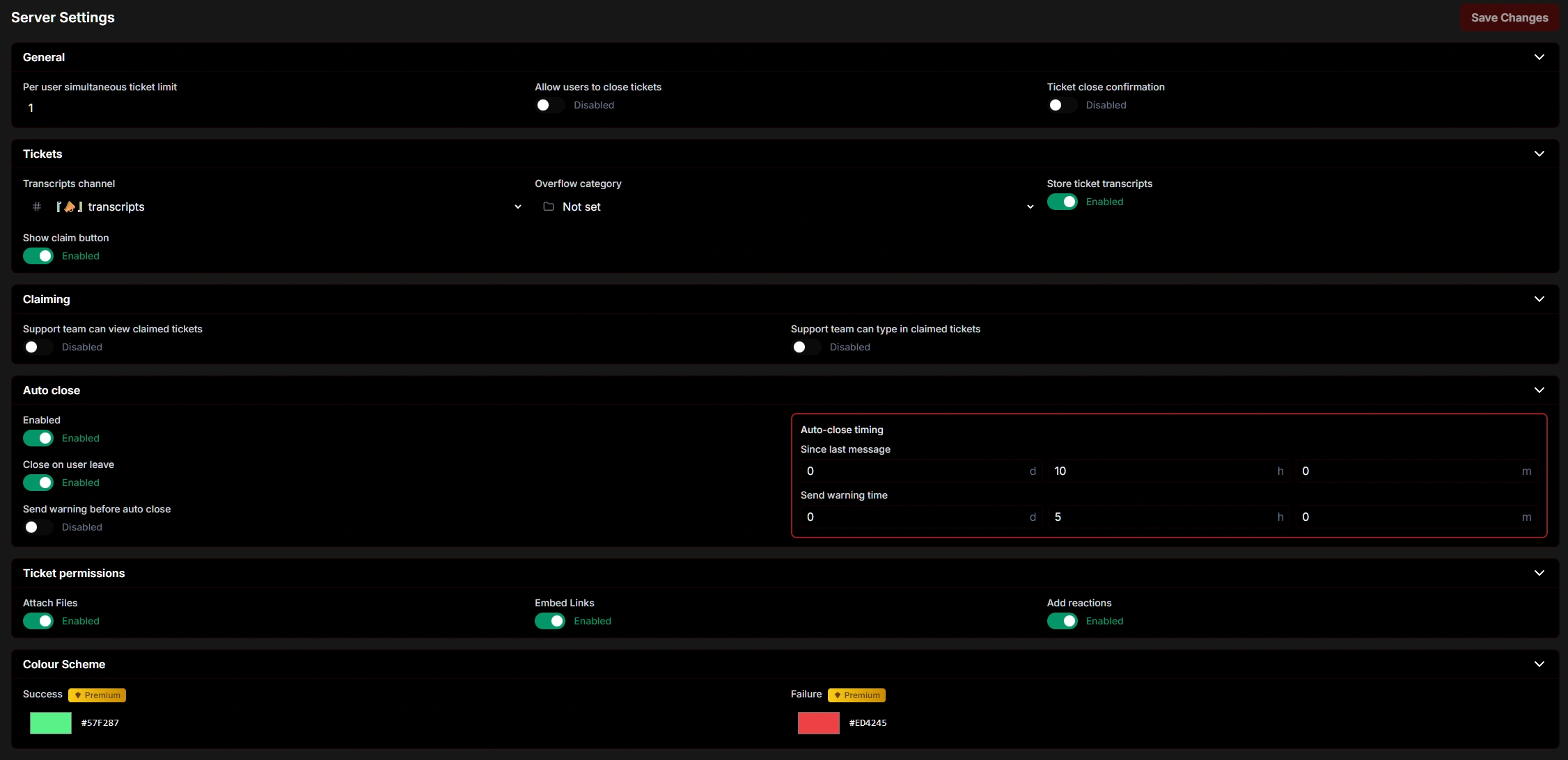 Dashboard settings page