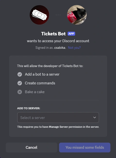 Discord bot server selection screen