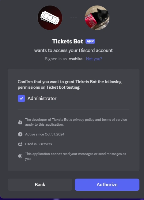 Discord bot authorization screen
