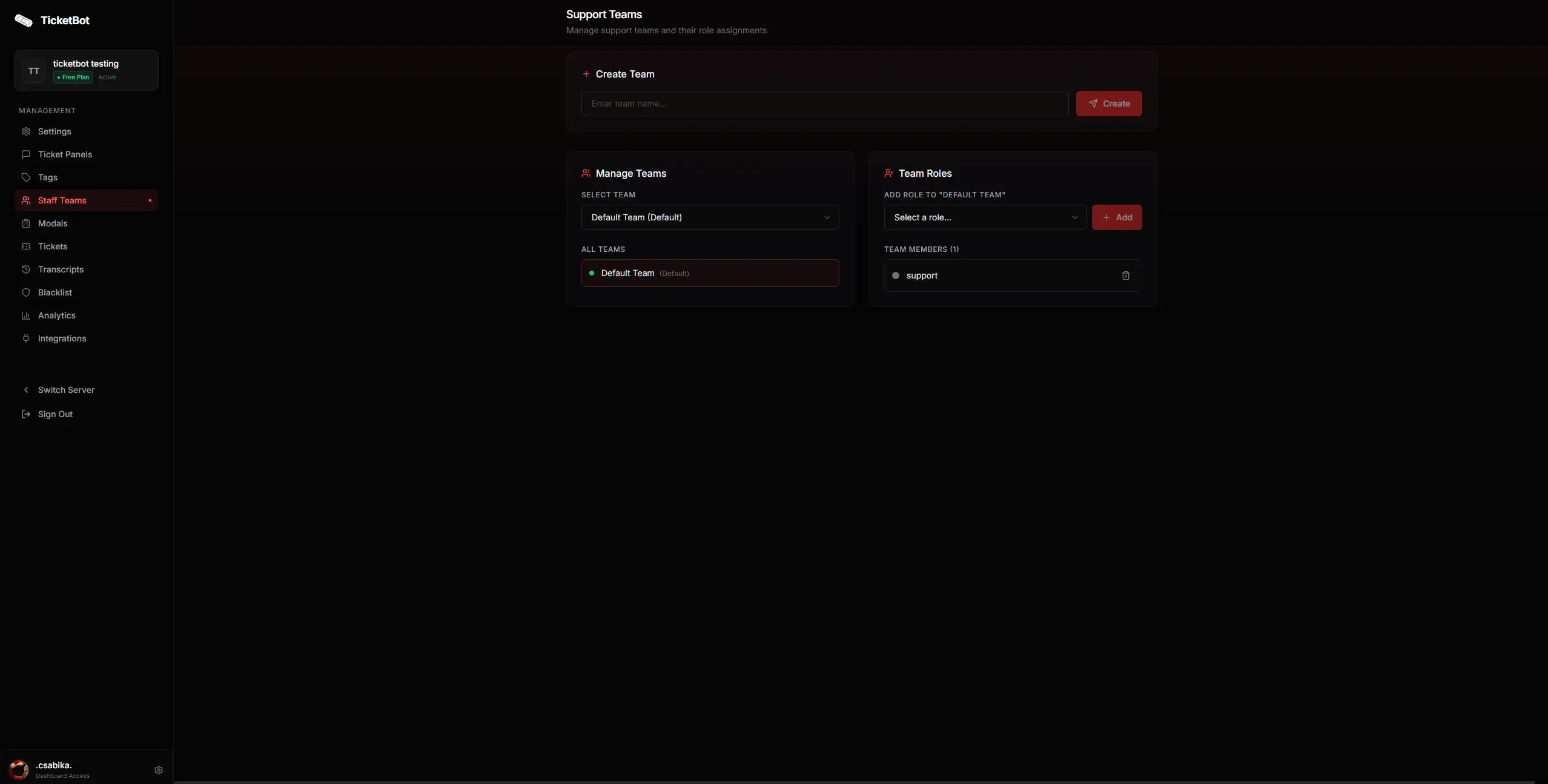 TicketBot support teams configuration interface for organizing Discord staff